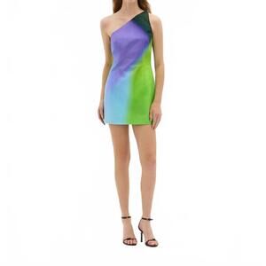 NEW MUMA WORLD kaleidoscope one shoulder mini dress in green multi